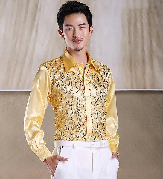 Men's Fashion Luxury Stylish Casual Designer Dress Shirt Cultivate one's morality long sleeve shirt wedding shirt , Shiny dance shirt LLK33