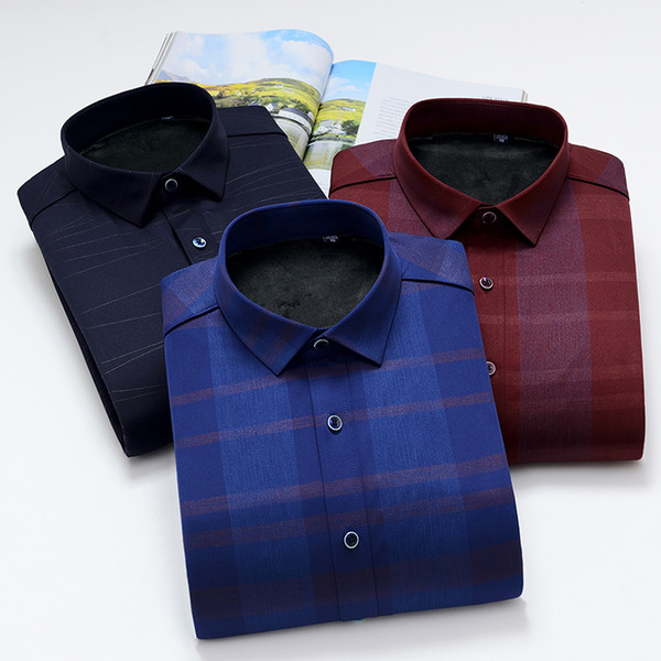 2018 New Arrival Winter Thick Warm Shirt Men Casual Shirts Plaid solid color smooth elestic dress shirt