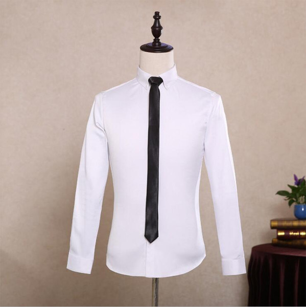 Fashion Formal Men Shirt Long Sleeve Tuxedo Shirt white dress shirt black buttons Men Korean Business Mens Dress Shirts Groom Shirts