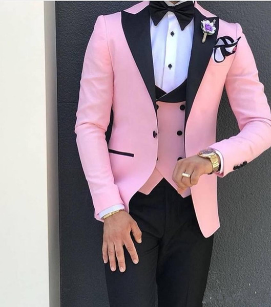 Customize Design Pink Slim Fit Men Wedding Tuxedos Black Peak Lapel One Button Groom Tuxedos Men Dinner/Darty Dress(Jacket+Pants+Tie+Vest)82
