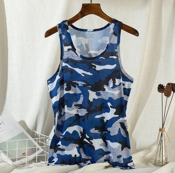 2019 new men's fitness camo mesh sports vest men's seamless round neck quick-drying ice silk narrow shoulder camouflage vest wedding shirts