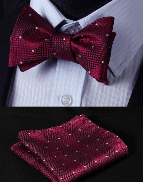 Wholesale Dot Burgundy Groom Wear Plaid Groom Ties With Free Kerchief Different Color Men Suit Decoration