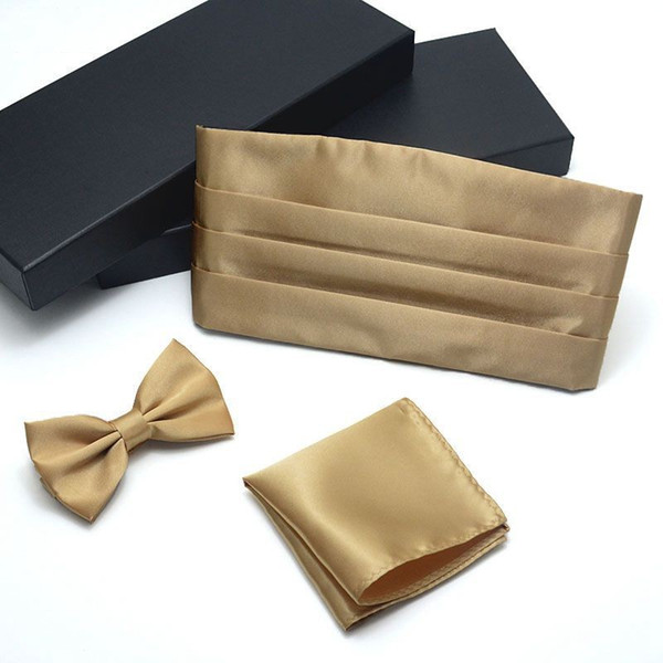 Champagne Men's Formal Dress Cummerbund+ Bowtie+ Hanky Sets 7 Colors Gift Box Men Hanky Cummerbund Bowtie Neck Tie Set