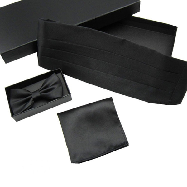 High quality Men Satin Solid Color Bowtie Cummerbund Handkerchief Pocket Square Set Men's Formal Dress Cummerbund Hanky Gift Box Set