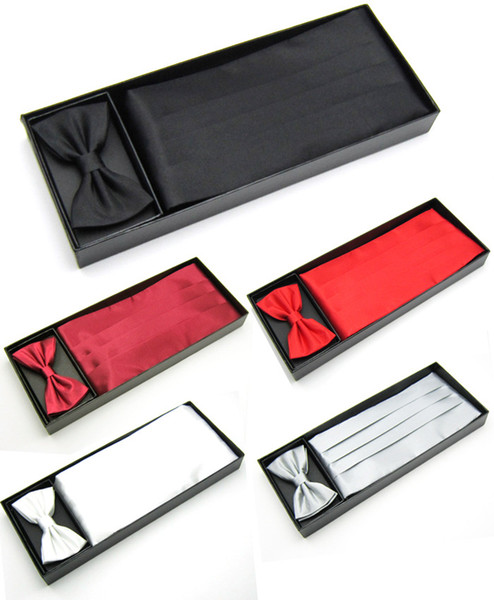 High quality Men Satin Solid Color Bowtie Cummerbund Handkerchief Pocket Square Set Men's Formal Dress Cummerbund Hanky Gift Box Set