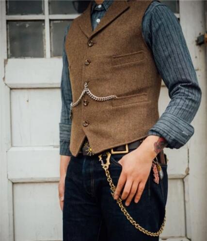 New Men Suit Brown Groom Vests For Wedding Wool Herringbone Tweed Sleeveless Jacket Waistcoats Men Casual Vest 2020