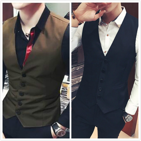 Men Suit Vests Single Breasted Khaki Waistcoat Slim Fit Jacket Brown Clothing Black Casual Vest Coat