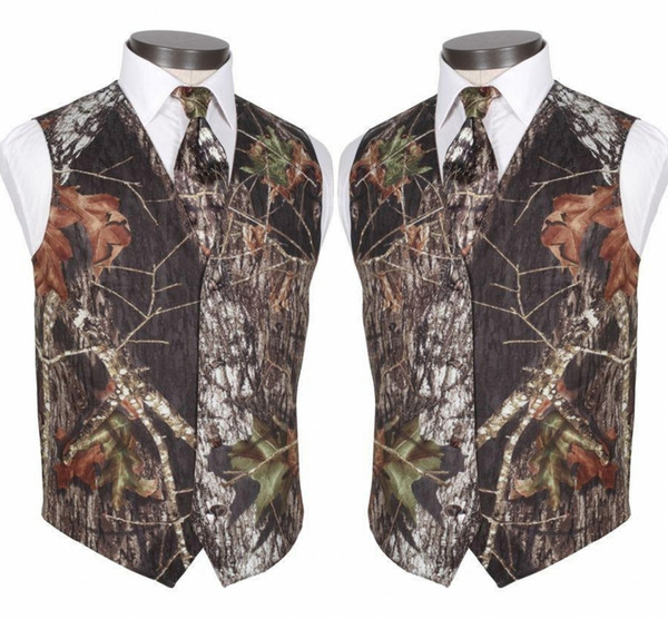 2019 Custom Made Modest Camo Groom Vests Rustic Wedding Vest Tree Trunk Leaves Spring Camouflage Slim Fit Men's Vests 2 Piece Set (Vest+Tie)