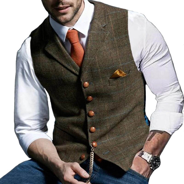 2020 Men's Wool Plaid Groom Vests Groomsmen Attire Tweed Business Suit Jacket Formal Groom's Wear Suit Vest Men's Wedding Tuxedo Waistcoat