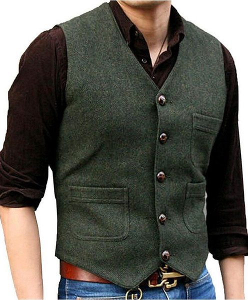 New Men's Suit Vest V Neck Wool Herringbone Tweed Casual Waistcoat Formal Business Vest Groomsman For Green/Black/Brown/Coffee