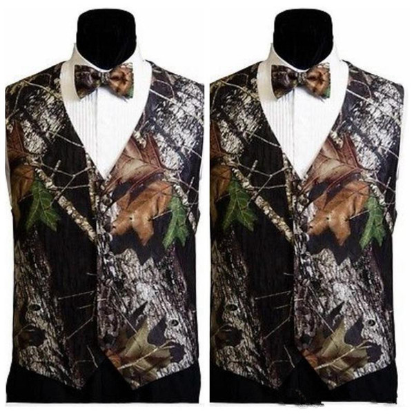 2019 Camo Men Vests With Bow Camouflage Groom Groomsman Vest Cheap Satin Custom Formal Wedding Vests Camouflage