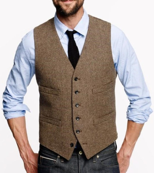 Fashion Brown tweed Vests Wool Herringbone British style Custom made Mens suit Waistcoat Single Breasted wedding suits for men TV001