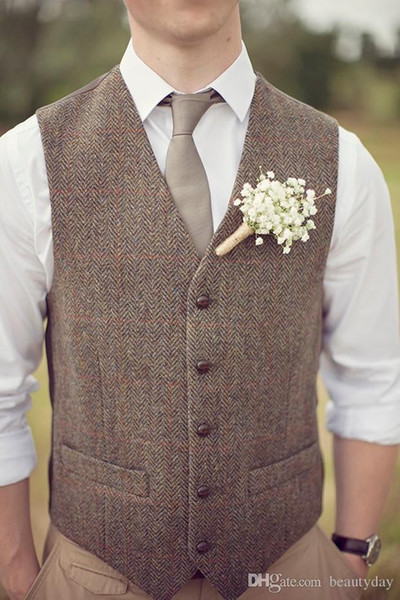 2018 Country Farm Wedding Brown Wool Herringbone Tweed Vests Custom Made Groom Vest Slim Fit Mens Suit Vest Prom Wedding Waistcoat Plus Size