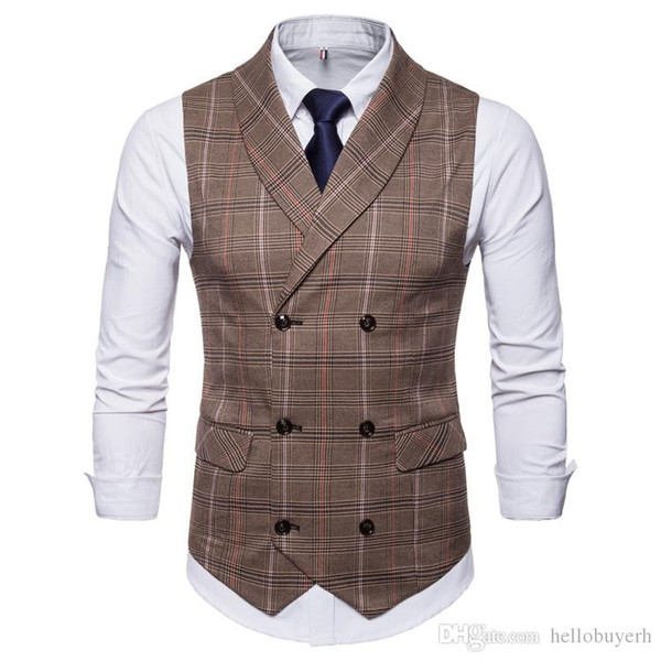 2019 New Amazon Spring Autumn Hot Sale Men's Groom Vest Plaid Double-Breasted Casual Waistcoat Men Plaid Suit Vest