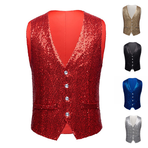 2019 Men Paillette Waistcoat Luxurious Gold Silver Red Blue Full Sequins Wedding Groom Vest Gilet Homme DJ Bar Singers Costume In Stock