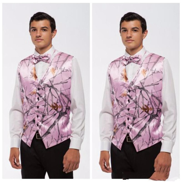 Pink Camo Men Vests With Tie Camouflage Groom Groomsman Vest Cheap Satin Custom Formal Wedding Vests Country Groom Vest+Bow