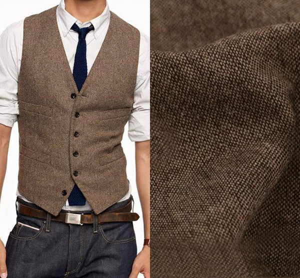 Cheap Tweed Groom Vests Wool Herringbone British Style Custom Made Me Groom Vest Slim Fit Mens Suit Vest Groomsman Prom Wedding Waistcoat