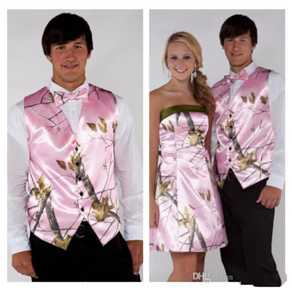 Handsome Satin Pink Camo Men Vest With Bow Camouflage Groom Vest Country Customized Prom Vest For Man Customized With Bow