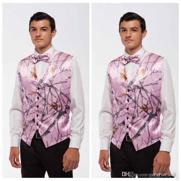 Cheap Sale Pink Camo Men Vests With Tie Camouflage Groom Groomsman Vest Cheap Satin Custom Formal Wedding Vests Country Groom Vest+Bow