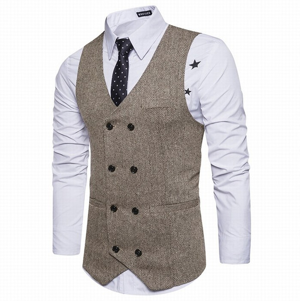 New Brown Double Breasted Vest Suit Mens Vests Striped Slim Fit Waistcoat British Vintage Blazer Sleeveless Jacket