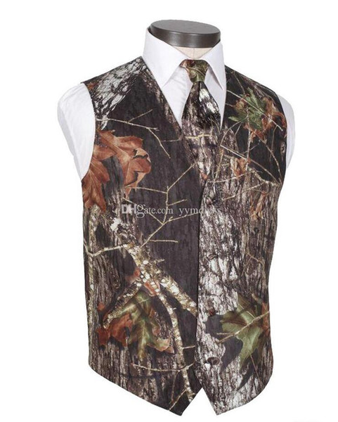 2019 Modest Camo Groom Vests Rustic Wedding Vest Tree Trunk Leaves Spring Camouflage Slim Fit Men's Vests 2 piece set (Vest+Tie) Custom Made