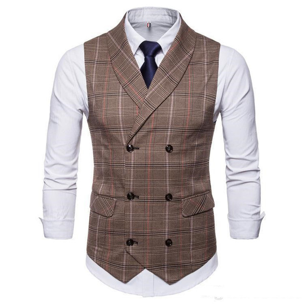 2020 New Amazon Spring Autumn Hot Sale Men's Groom Vest Plaid Double-Breasted Casual Waistcoat Men Plaid Suit Vest G001