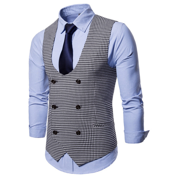 2020 Men's Plaid Groom Vests Groomsmen Business Suit Jacket Formal Groom's Wear Suit Vest V Neck Men's Wedding Tuxedo Waistcoat