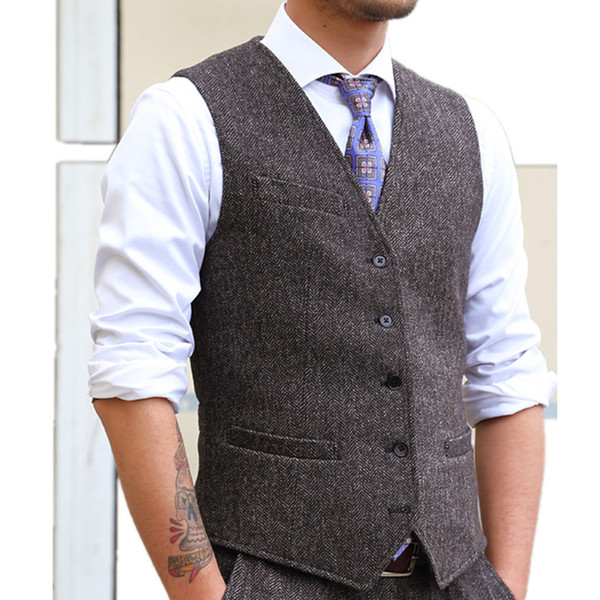 2019 Modest Bristish Gray Wedding Groom Vests Wool Herringbone Tweed Vests Groomsmen Vest Mens Suit Vest Waistcoat Plus Size