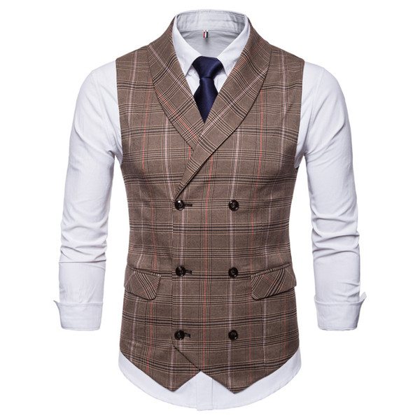 2019 New Amazon Spring Autumn Hot Sale Men's Groom Vest Plaid Double-Breasted Casual Waistcoat Men Plaid Suit Vest