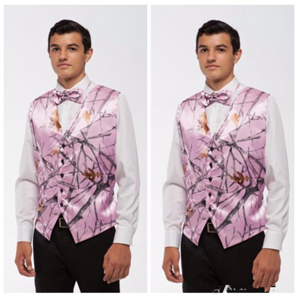 Cheap Sale 2019 Pink Camo Men Vests With Tie Camouflage Groom Groomsman Vest Cheap Satin Custom Formal Wedding Vests Country Groom Vest+Bow