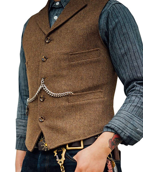 Custom 2019 Formal Brown Tweed Vest Wool Herringbone Groom Vests Pockets Men's Suit Vests Slim Fit Casual Groomsmen Vest Cheap Sale