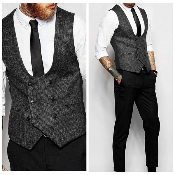 2019 Custom Formal Groom Wear Double Breastedroom Groomsmen Vest Slim Fit Mens Gests Custom Made Wool Herringbone Tweed Country Cheap