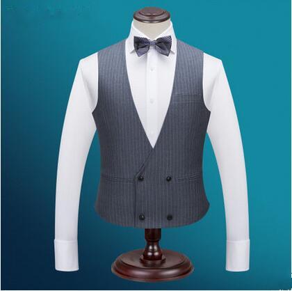 New double breasted cheap gray stripe groom vests mens suit for wedding slim fit groomsmen vest custom made wedding suits