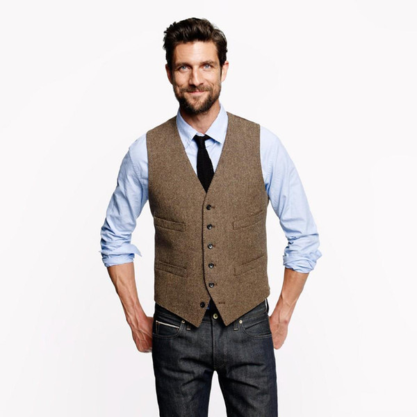 Farm Wedding Vintage Brown Tweed vests custom made Groom vest mens slim fit tailor made wedding vests for Man Suits Waistcoat