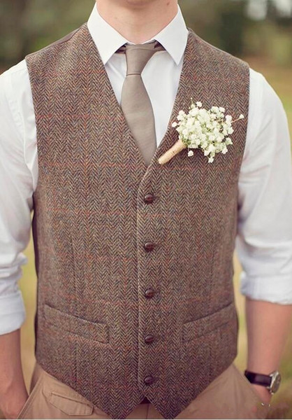 2020 Country Brown Groom Vests For Wedding Wool Herringbone Tweed Custom Made Slim Fit Mens Suit Vest Farm Prom Dress Waistcoat Plus Size