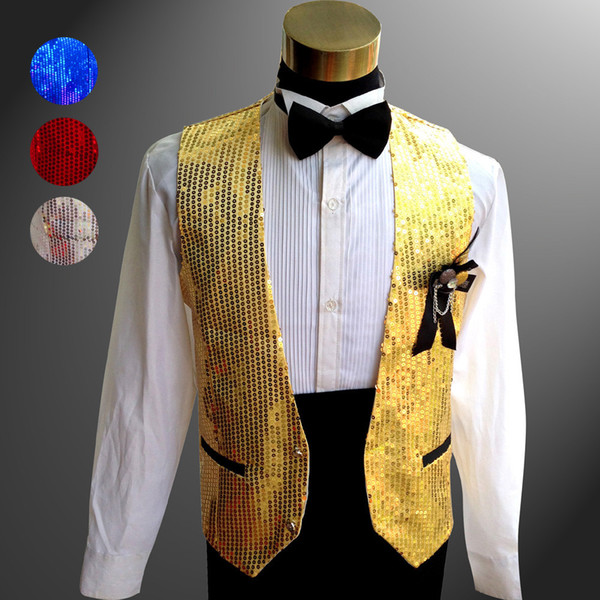 Sequined Groom Vest Navy Blue Groomsmens Best Man Performance Stage Wear Vest Costumes Wedding Prom Dinner Waistcoat (Vest+Bow+Corsage)