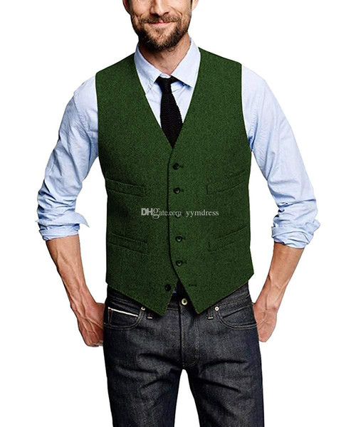 Green Groom Vests 2020 wool herringbone groom vest Five Button Pockets Men's Suit Vests Slim Fit Men's Dress Vests Wedding Waistcoat