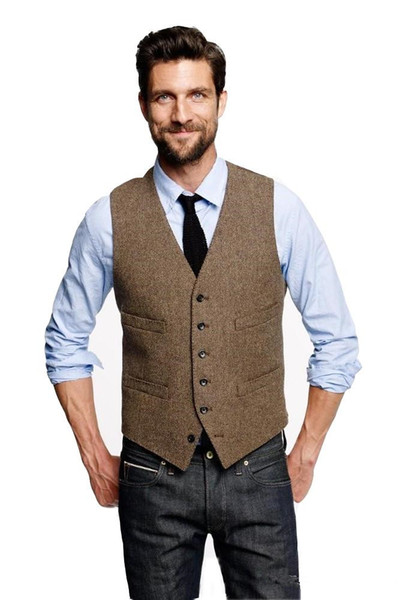 2019 Custom Wedding Waistcoat Vintage Brown Tweed Vest Wool Herringbone Groom Vests British Style Mens Suit Vests Slim Fit Mens Dress Vest