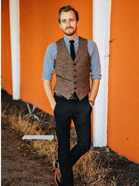 Vintage Brown Tweed Vest Wool Herringbone Groom Vests British Style Mens Suit Vests Slim Fit Mens Dress Vest Wedding Waistcoat 2018