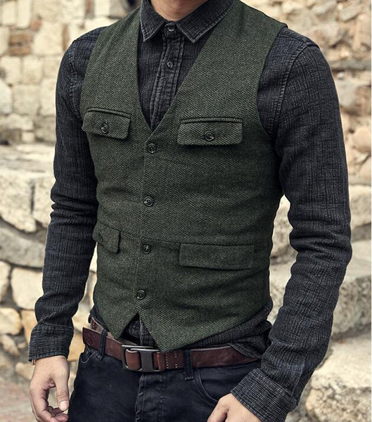 2019 Dark Green Groom Vests Country Wedding Wool Tweed Vest Slim Fit Men's Suit Vest Dress Coat Dress Waistcoat Farm Country B239