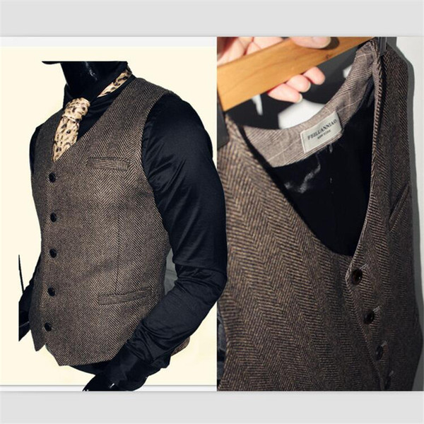 2018 Vintage Wedding Coffee Wool Herringbone Striped Vests Custom Made Groom Vests Slim Fit Men Suit Vests Prom Wedding Waistcoat