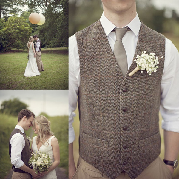 Popular Wool Wedding Groom Vests Tweed Herringbone Groomsmen Vests Dark Grey V-Neck Men's Suit Vests Men's Dress Vest Waistcoat