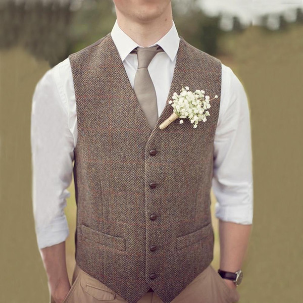 2019 Country Farm Wedding Brown Wool Herringbone Tweed Vests Custom Made Groom Vest Slim Fit Mens Suit Vest Prom Wedding Waistcoat Plus Size