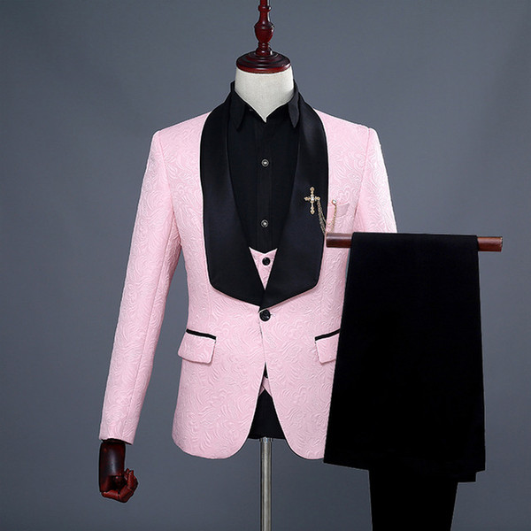 Wedding Groom Dinner Party One Button Shawl Collar Trim Fit Handsome Men Suits 3 Pieces (Jacket+Pants+Vest)