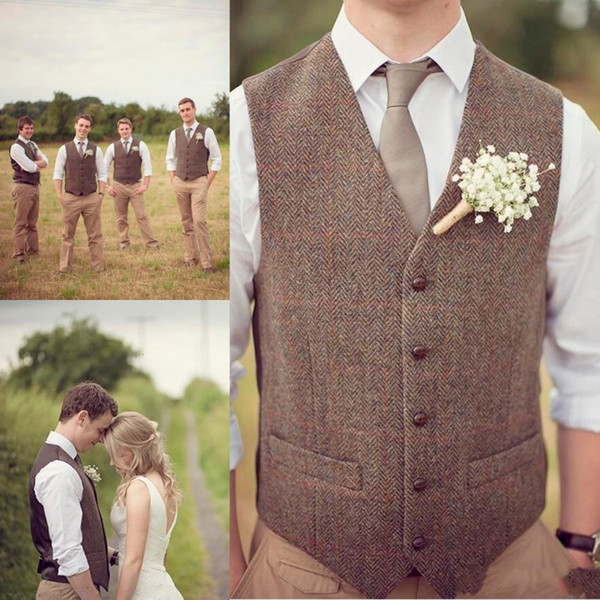 2019 Country Farm Wedding Brown Wool Herringbone Tweed Vests Custom Made Groom Vest Slim Fit Mens Suit Vest Prom Wedding Waistcoat Plus Size