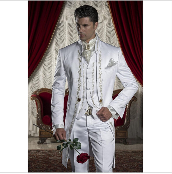 New Design Long Embroider White Wedding Men Suits Tuxedos Men Party Groomsmen Suits(Jacket+Pants+Tie+Vest)NO;236