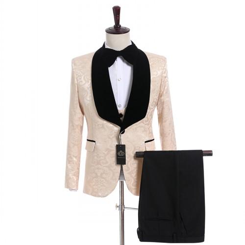 Champagne Paisley Groom Tuxedos Black Velvet Lapel Side Vent Men Wedding Tuxedos Excellent Men 3 Piece Suit Blazer(Jacket+Pants+Tie+Vest)407