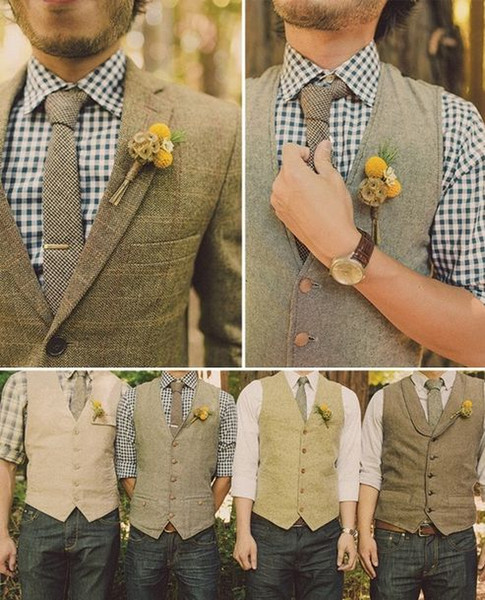 2019 Unique Wool Tweed Vest 3 Style For Choose Groom Vests British Style Mens Suit Vests Farm Wedding Waistcoat Mens Dress Vests Plus Size