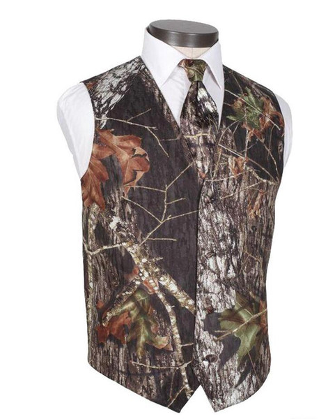 2018 Modest Camo Wedding Vests Groom Vest Tree Trunk Leaves Spring Camouflage Slim Fit Men's Vests 2 piece set (Vest+Tie) Custom Made