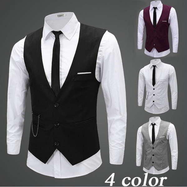 Black Gray Groom Vests with Chain Groom Vest Slim Fit Mens Suit Vest Prom Wedding Waistcoat Fress Shipping